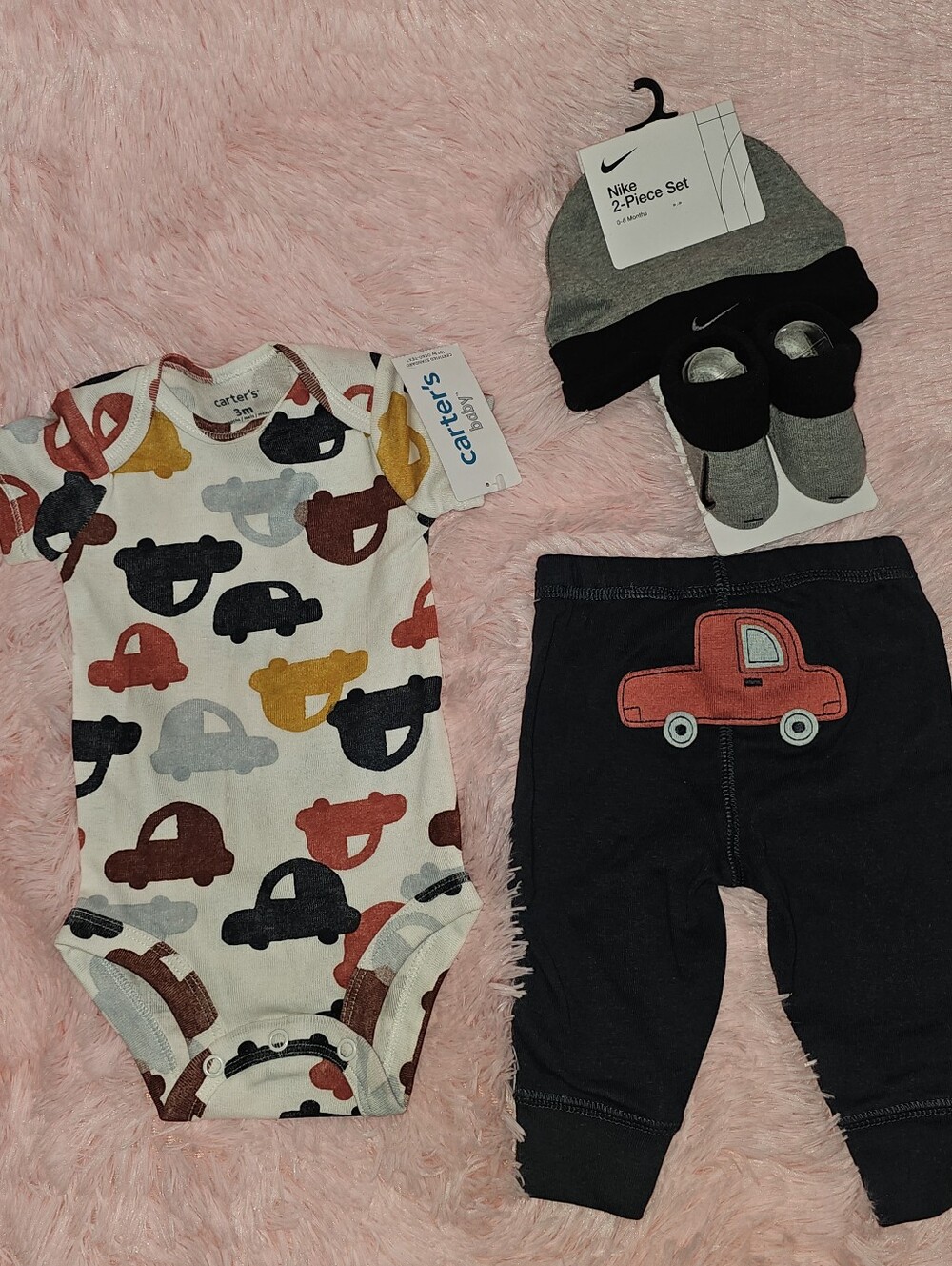 Baby Bundle Carters Cars Outfit 3 mos. & Nike Baby Booties Hat Set Boy Newborn